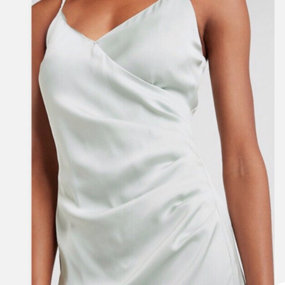 NWT, Express Ruched Faux Wrap Mini Slip Dress, S, Light Gray, Satin Polyester